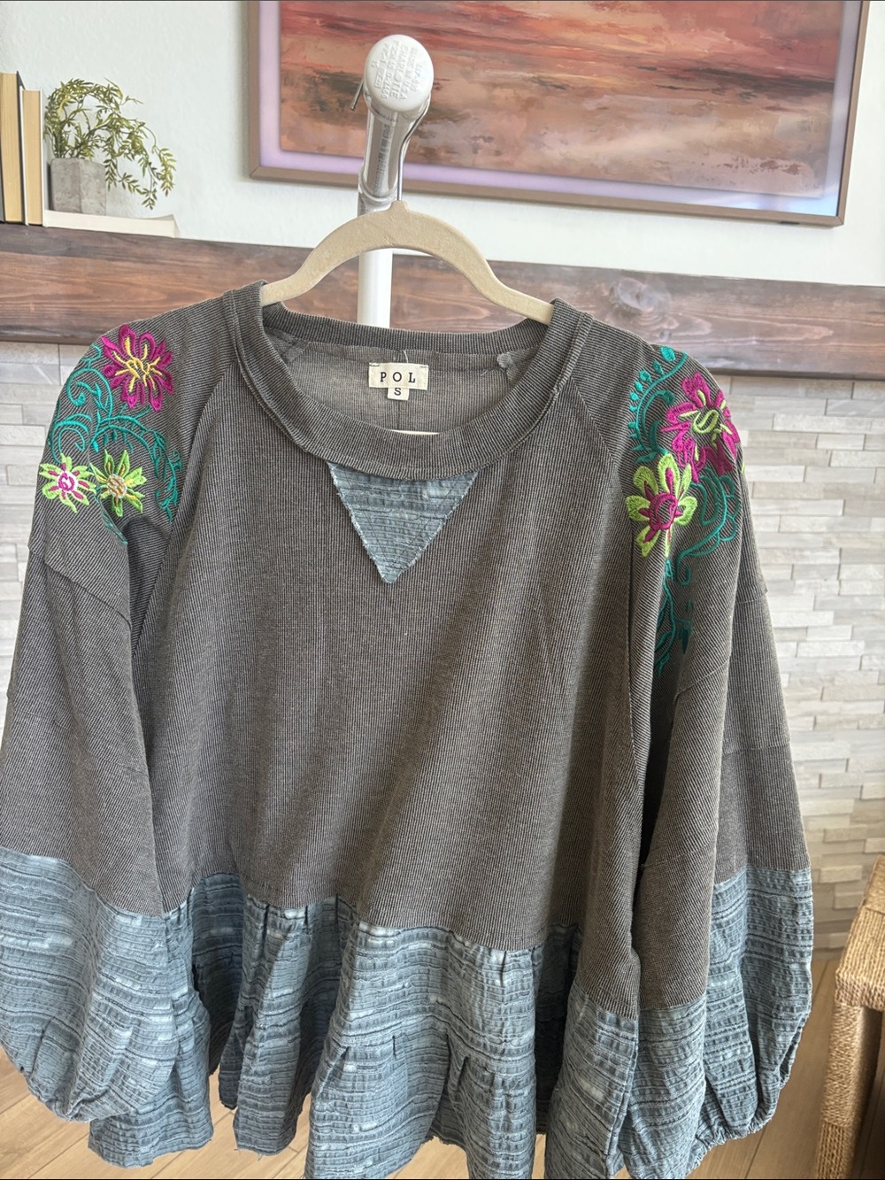 NEW POL Charcoal Gray Peplum Sweatshirt with Pink & Green Floral Embroidery